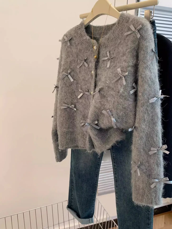 Šedý luk sveter 2024 Jeseň Zimná zimná teplota Temperament High Soft Mohair pletená sveter voňav