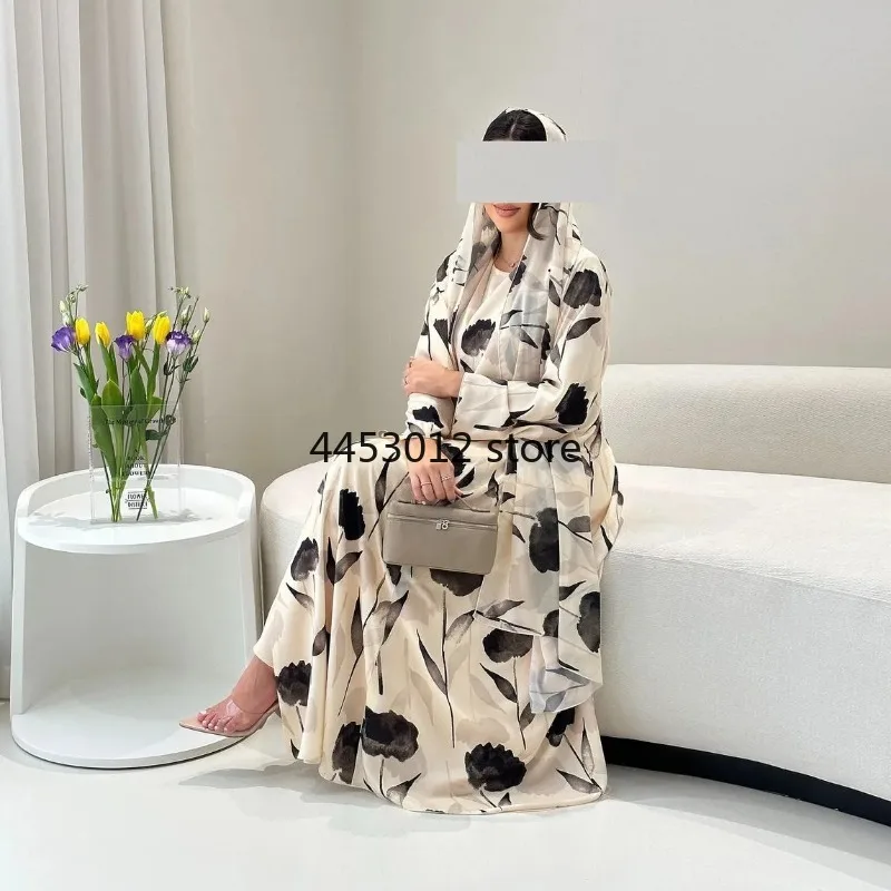 Šifón Vytlačený otvorená abaya s hidžábom pre ženy, moslimský kabát, Ženy v Perzskom zálive Abayas pre Eid, Dubaj, luxusné morčacie mäso, islamský outfit