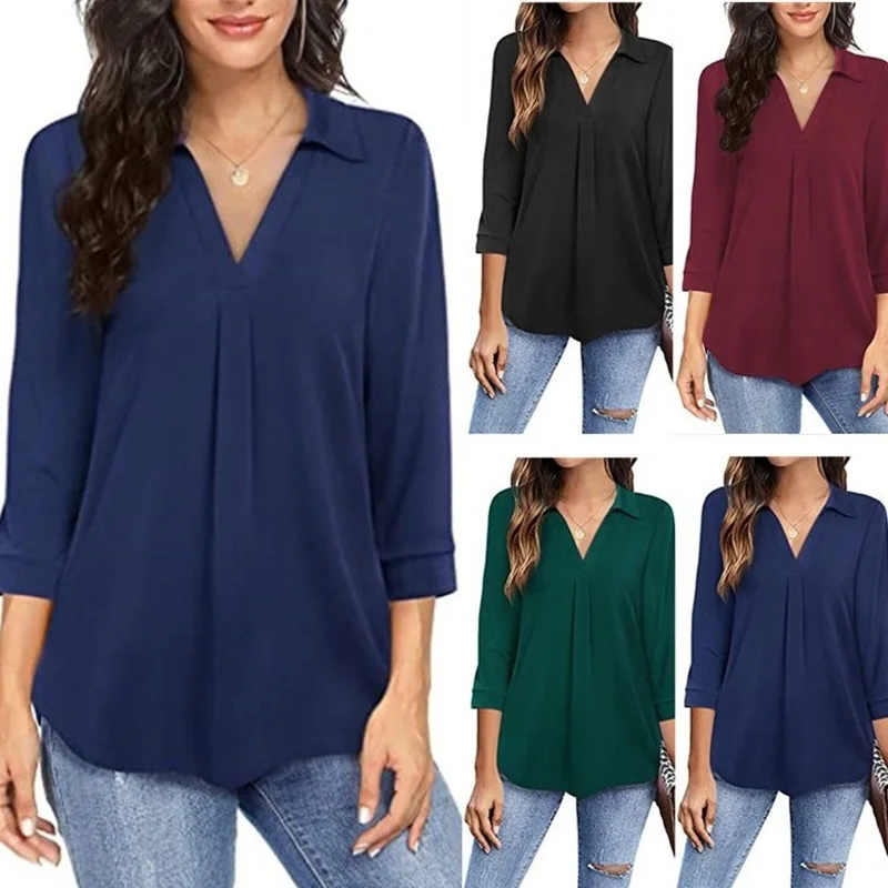 Šifónové dámy s dlhým rukávom Blúzka Tričko Top letné letné voľné príležitostné ženy Ženy v krku blúzka tričko Pullover top plus veľkosť