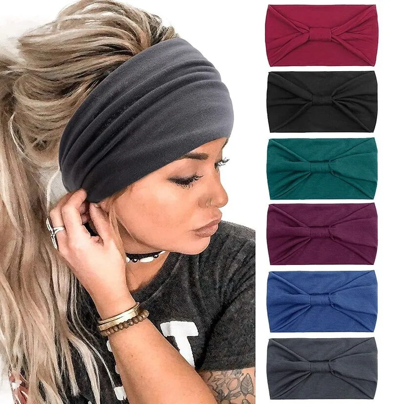 Široké čelenky pre ženy, ktoré nekĺzajú mäkké elastické vlasové pásy Yoga Gym Head Wraps Cnotted Cotton Cloth African Turbans Bandana