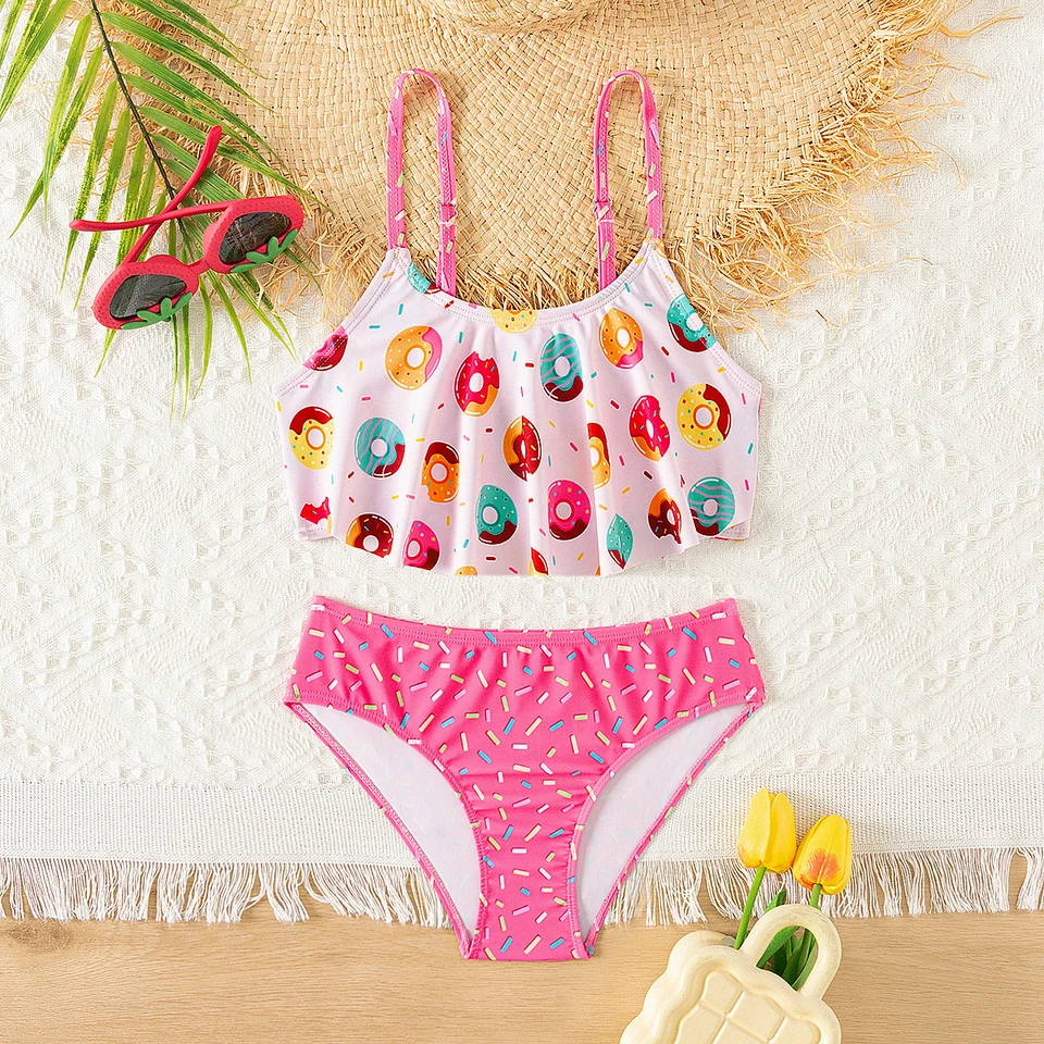Šišky potlač Ruffle deco girls pre deti bikiny sada letná pláž vonkajšie roztomilé dvojdielne plavky kontrast nastaviteľné dievčatá detské plavky