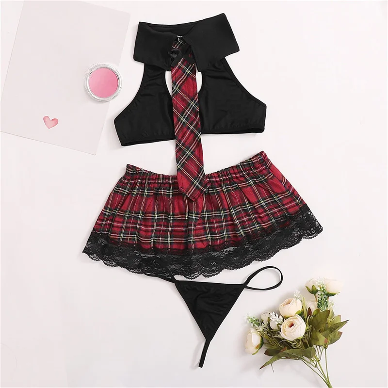 Školské dievča kostým 4 kusy sexy študent Uniforma rola hra erotické spodná bielizeň halter podprsenka Mini sukňa Red Plaid Women Sexy spodná bielizeň