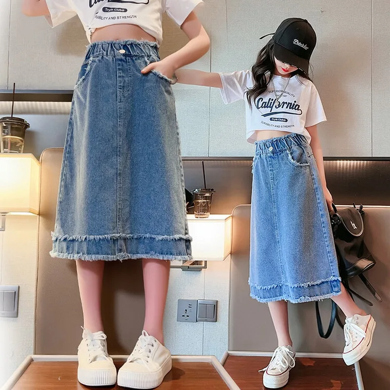 Školské dievčatá Denim Raw Edge Sukňa Štyri sezóna High Pase Casual Midi Sukňa pre deti módne vrecko Dospievajúce deti Dáli 13 14 rokov