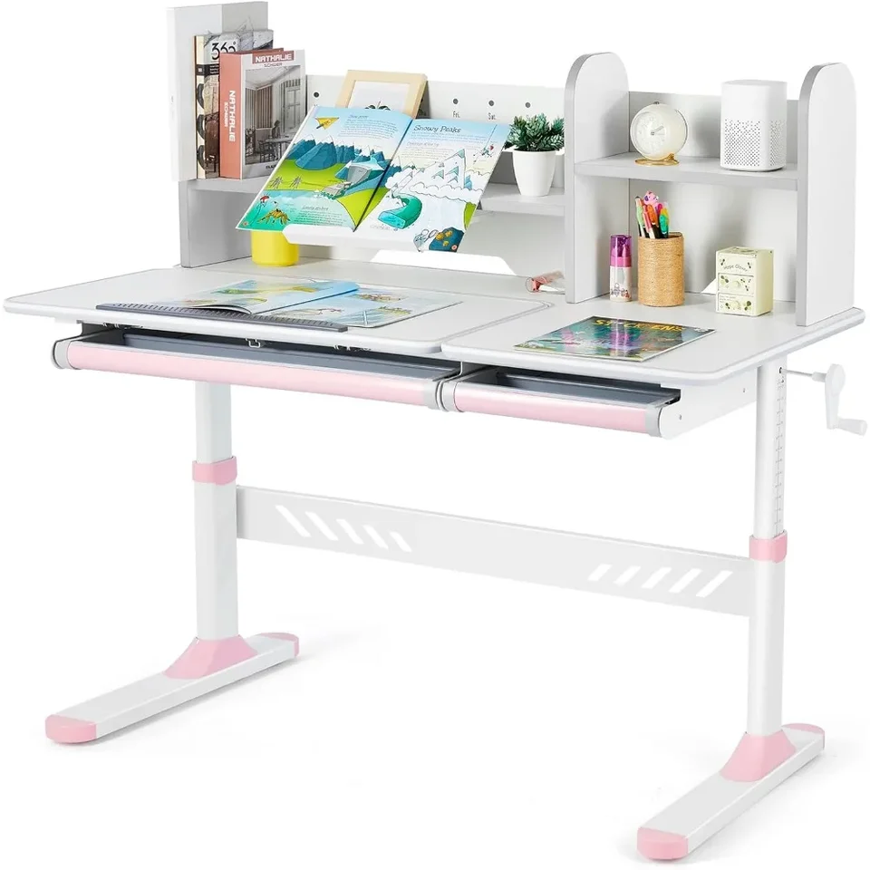 Školské stoly. Nastaviteľný detský stôl s Hutch a zásuvkami, 47 -palcový multifunkčný ergonomický študijný stôl, s dvoma zásuvkami úložného priestoru