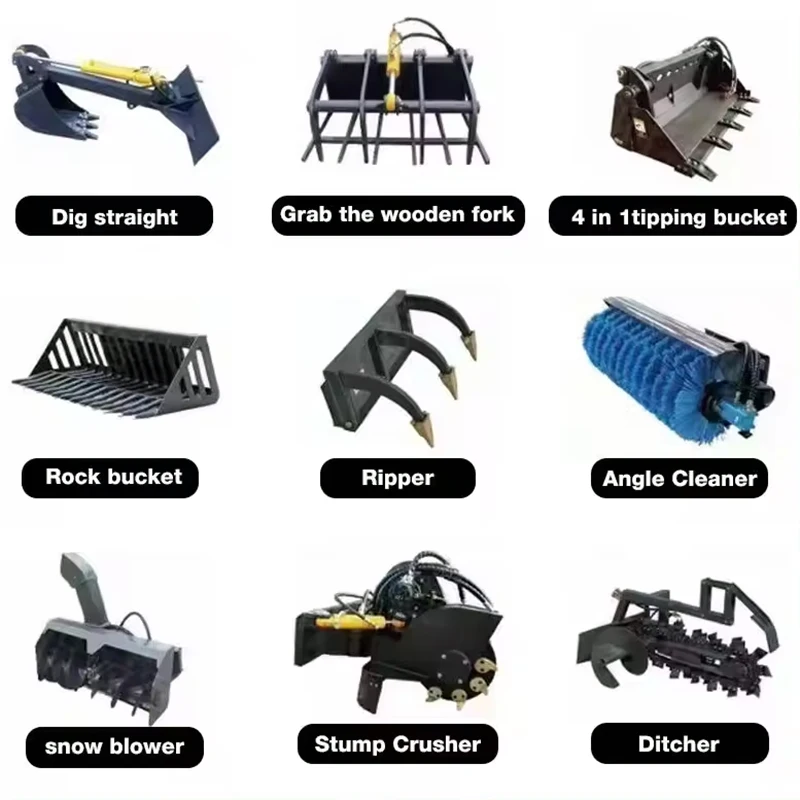 Šmykľavky pripevnenia Štyri v jednom naklonenom vedre Snow Blower Ditcher Swing Head hlava pahrné mini nakladače Mini nakladače Vlastné príslušenstvo