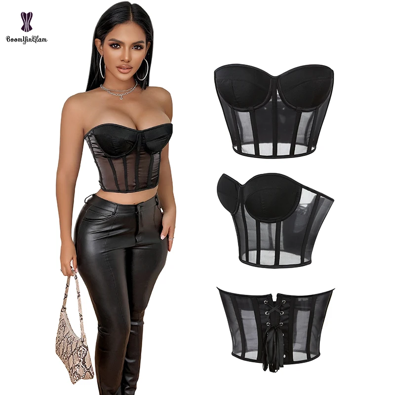 Šnurovanie vyostrená vesta orezaná vrchná čierna See cez mriežku spodnú bielizeň bustier Čalúbá podprsenka bez ramienok korzet shaper pre ženy