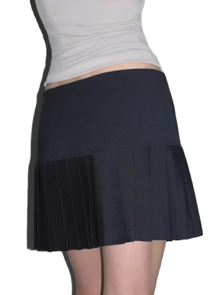 Španielsko IN Rovnaké štýl Pure Desire Navy Blue Mini Mini Low Pase Preated Half Body Short Sukňa pre ženy na jar