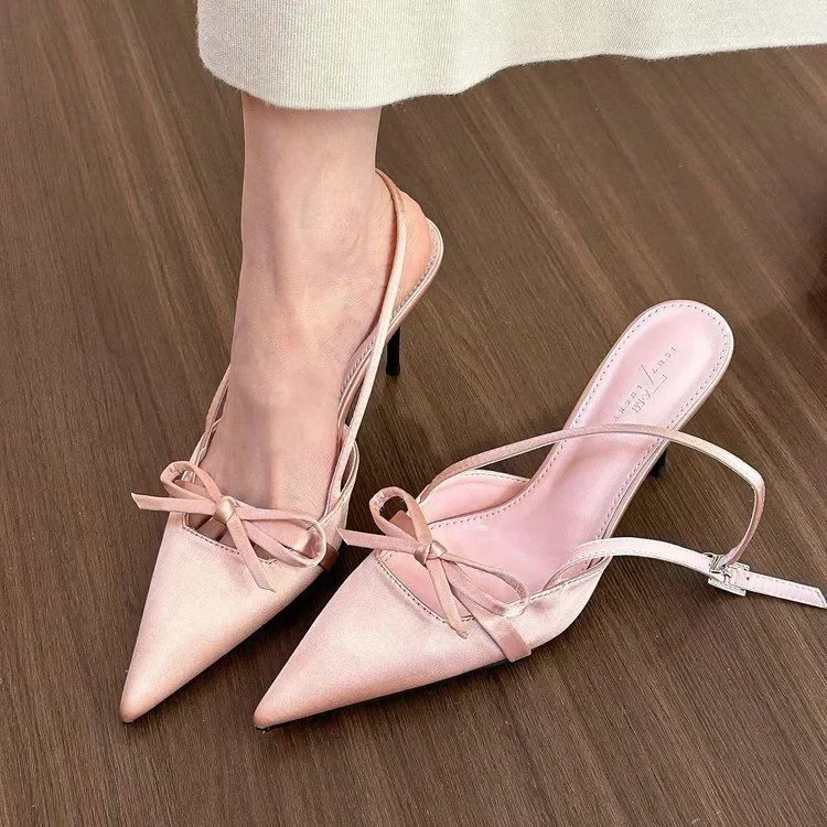 Špicaté jednorazové ženy 2024 Nové jarné Stiletto sandále francúzština s sukňou Ružové vysoké podpätky kawaii topánky