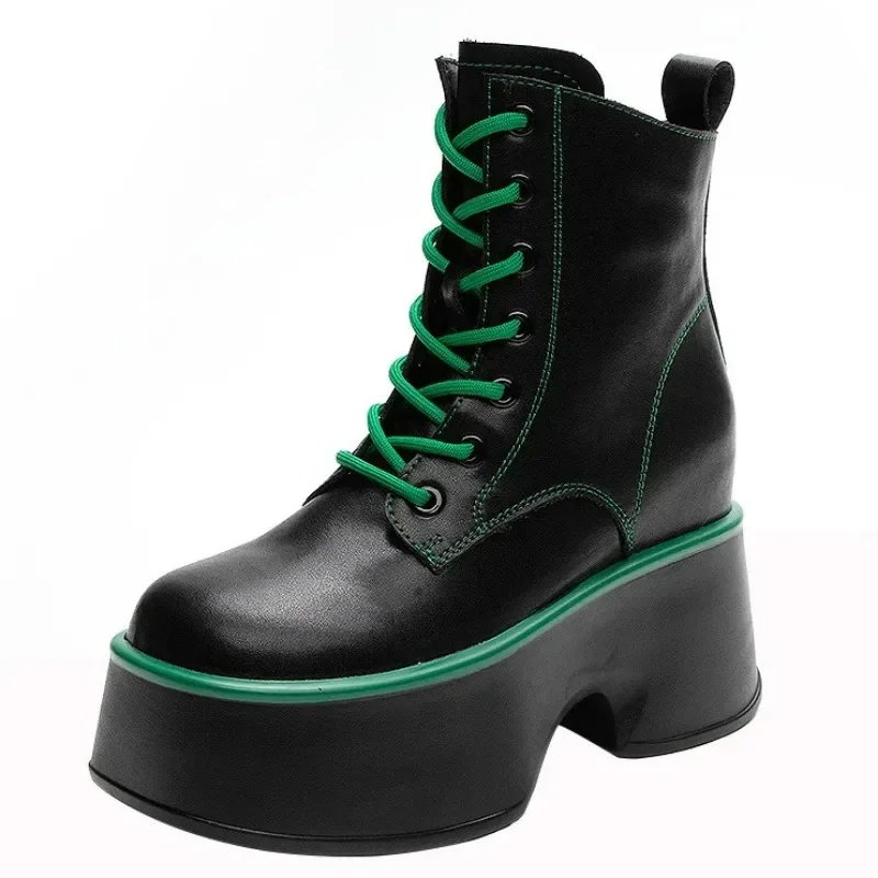 Špičková kvalita 11 cm Originálne kožené ženy stredné teľacie topánky Platforma Wedeg Lace Up Slip na jar jesenné zimné pohodlné topánky