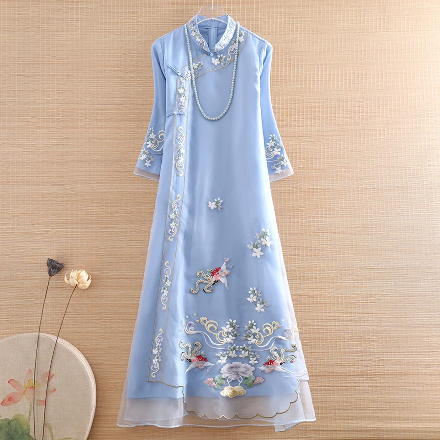 Špičkové jarné leto Organza Ženy Cheongsam Retro Elegantné výšivky 3/4 rukávy A-line Lady Party Qiapao Šaty s-xxl