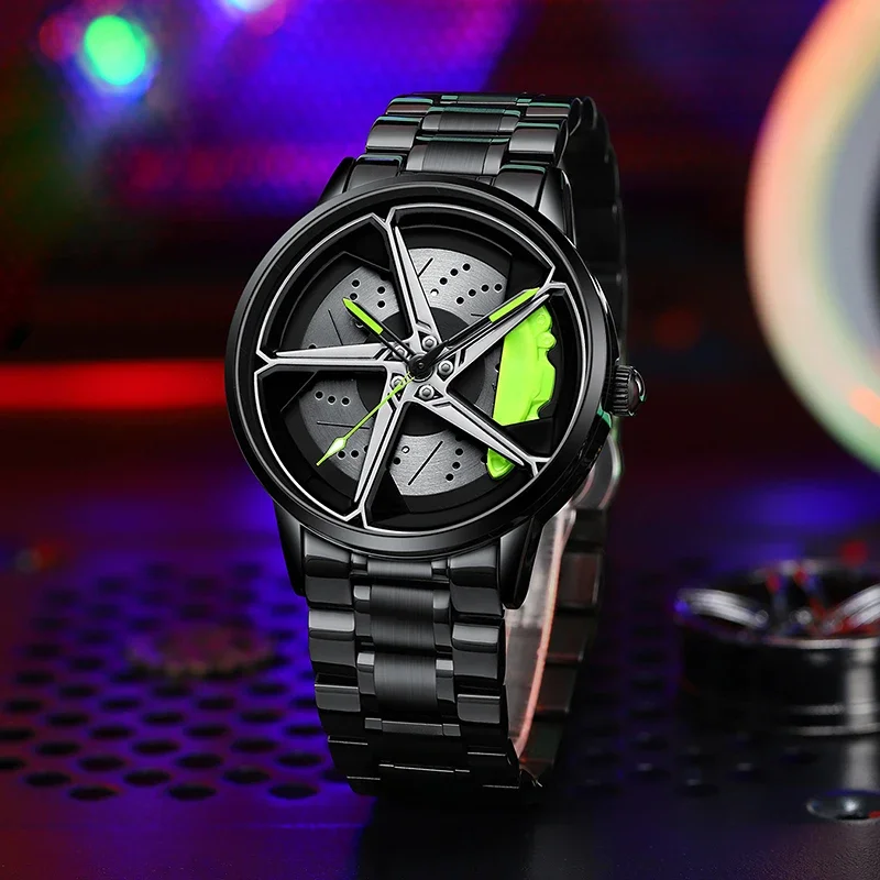 Športové vozidlá Hub Men sledujte vodotesné rotujú hodinky Rim Watch Watch Spinning Pánske športy 360 ° Rotačné hodinky kolies pre mužov