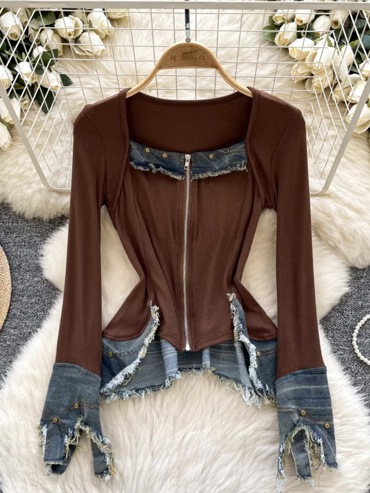 Štvorcový krk s dlhým rukávom Tričko Tričko Retro opotrebovanie vintage džínsový dizajn dizajn Slim Fit Dámske oblečenie najvyššia jar