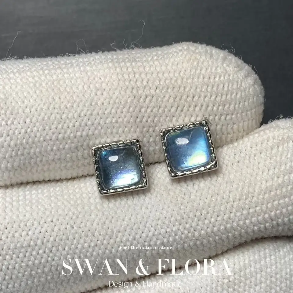 Štvorcový prírodný akvánamarine 925 Sterling Silver Stud náušnice pre ženy darček pre šperky jednoduché šperky modrá