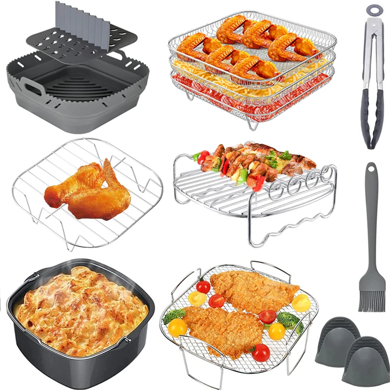 Štvorcový vzduchový frikyový silikónový košík v tvare podnos na letectvo Airfryer Grill Rack Doplnky opakovane použiteľné skladacie zložiteľné bpa bezplatné formovacie podšívka Airfryer
