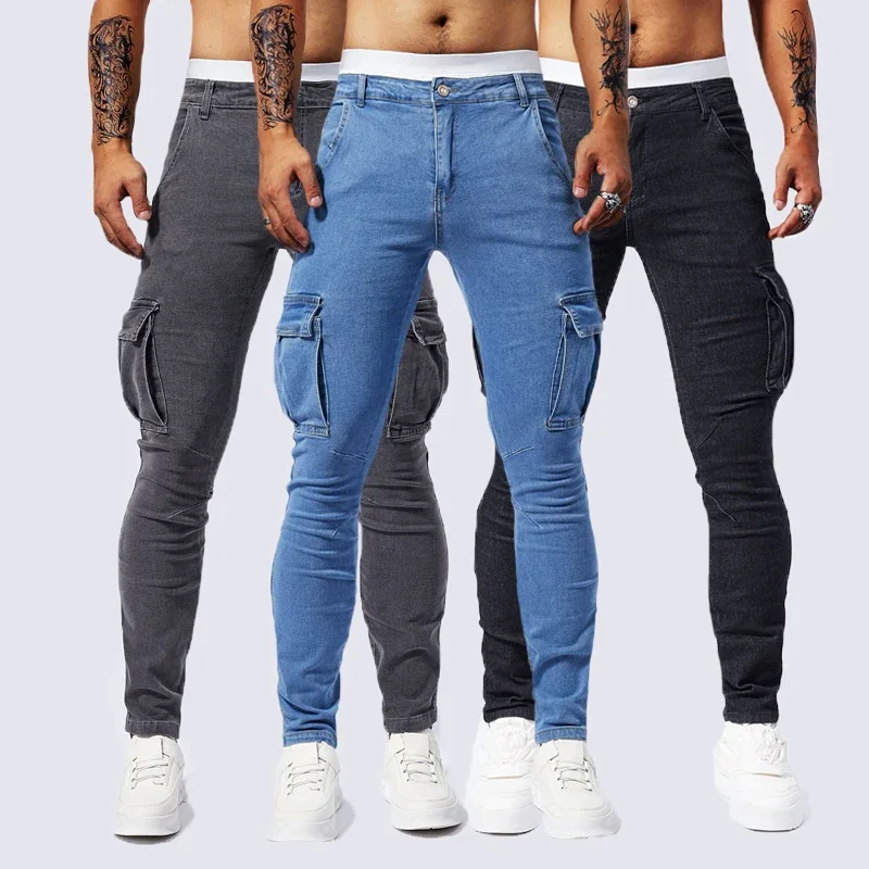 Štíhle fit veľké vreckové džínsy nákladné nohavice pre mužov módne príležitostné hip hop natiahnuté džínsové dlhé nohavice Mužské streetwear Track Pants