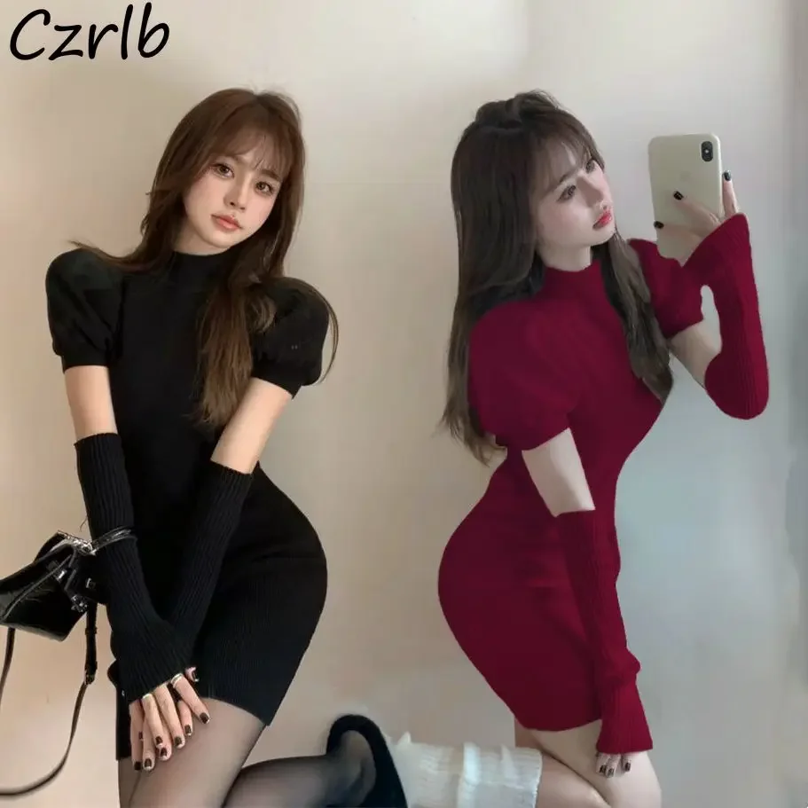 Štíhle pletené šaty Ženy Puff Ruckve Polovičné vysoké goliere Bodycon Mini Hot Girls Design Design Ruckve Solidy Sexy Fashion Ins