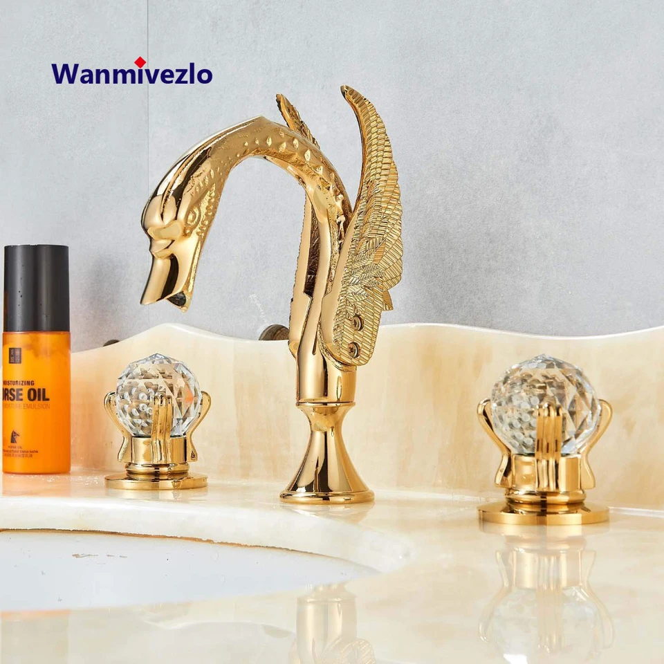 Štýl zlatého labuť Rozšírená kúpeľňa povodie umývadlo faucet kohútik Chrome Lirbed Dve sklenené rukoväte 3 Hole Mixer Elegantný kohútik