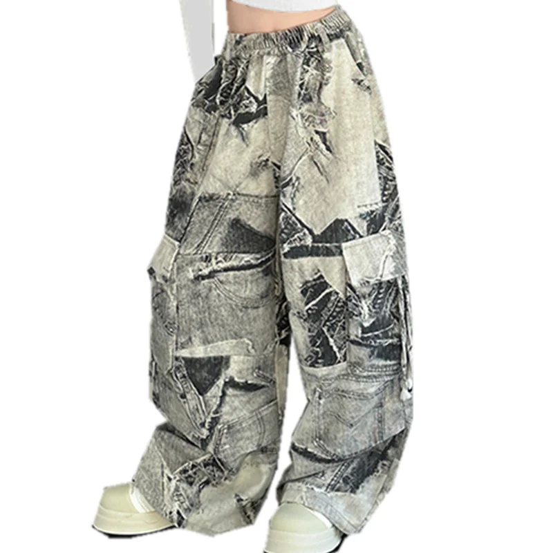 Štýlové detské jarné noviny Nákladné nohavice s vreckom pre dievčatá módne nohavice na vysokej ulici Dieťa voľné tepláky na streetwear