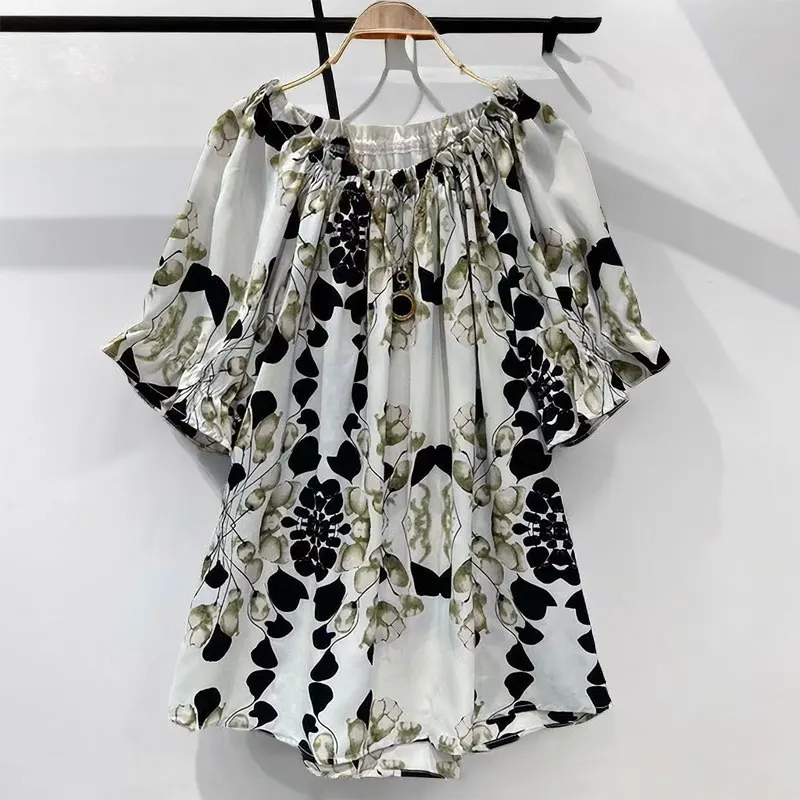 Štýlové vintage folktované blúzka letné letné lomítko krk shirring dámske oblečenie napoly rukávy voľné voletene košeľa zostrihaná košeľa