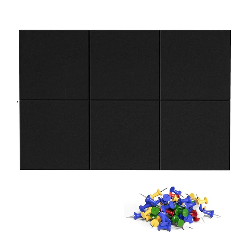 Štýlové čierne plstené dlaždice, výmena 6 balení Cork Board s 50 pushpins pre nástennú organizáciu