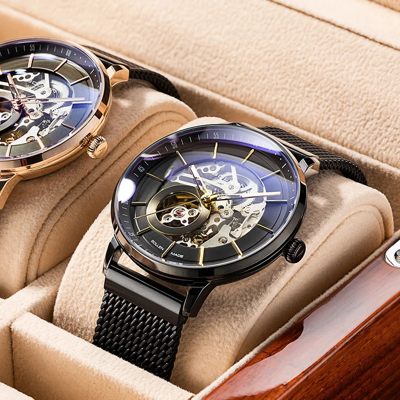 Švajčiarsko Luxusná značka Sollen Automatické mechanické pánske hodinky nepremokavé duálne kostrové svetelné oceľové sieťové pásmo Clock SL316