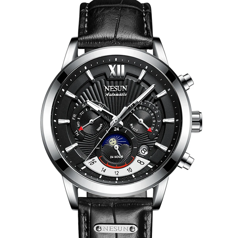 Švajčiarsko Nesun Luxury Brand Automatické mechanické muži hodinky Sapphire Moon Fáza nepremokavá multifunkčné číselníky N9025