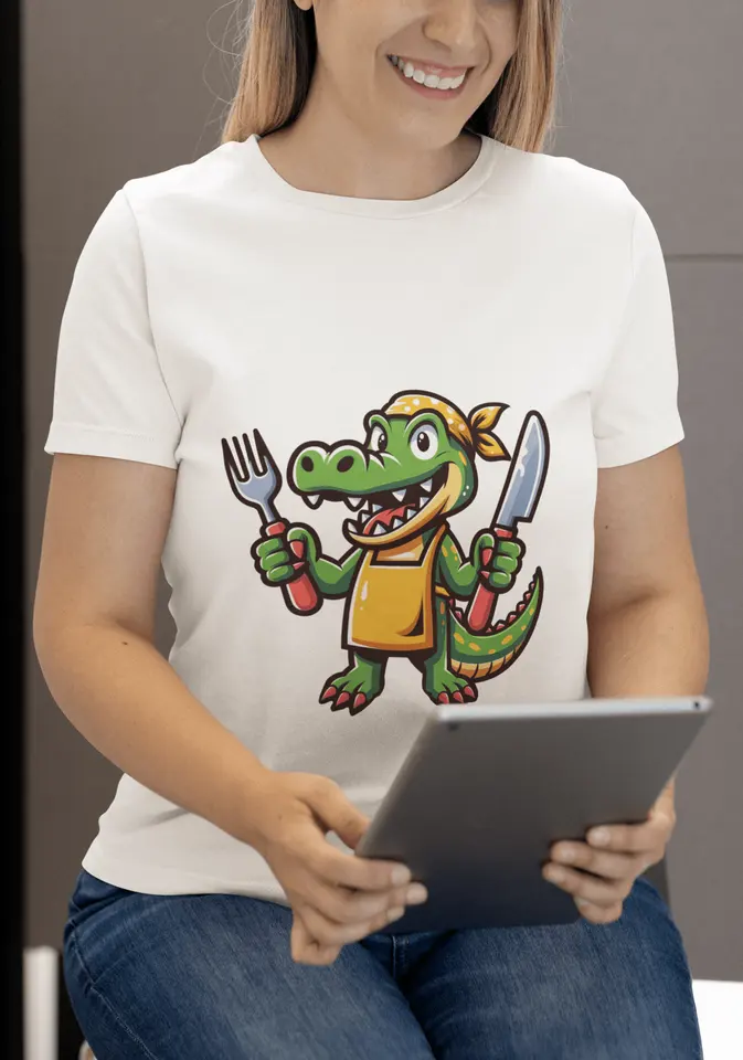 Šéfkuchár krokodíl karikatúra T košeľa Zábavné zvieracie varenie pre potraviny kuchári roztomilý Croc s nožom vidlica