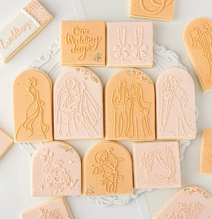 Šťastná svadobná cookie Cutter Press známka nevesta Groom prsteňový prsteň pleseň akrylového fondantného cukru formy DIY