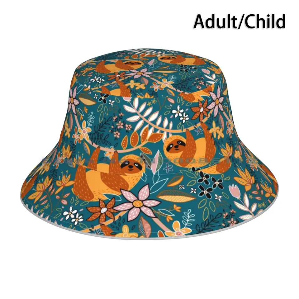 Šťastné boho lenivé kvetinové vedro klobúk slnečné čiapky roztomilý vzor micklyn leniky zvieratá kvetinové kvetina oranžová horčica žltá spálená sienna