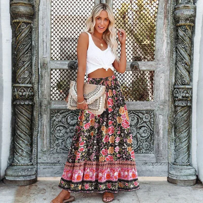 Šťastné queens Ženy čierna kvetinová tlač Čechan, skladaná sukňa vintage dáma elastický pás A-line rayon maxi boho sukne