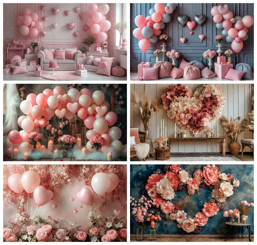Šťastný Valentín Photography Pozadie Láska srdce Red Flowers Balón Svadobná sprcha Svadobná strana Vlastné pozadie