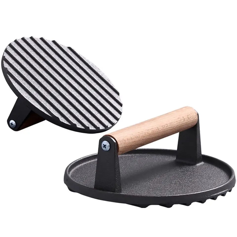 Železný hamburger rozbil tepelne rezistentný obdĺžnik okrúhly tvar gril slanina Press Drevená rukoväť kuchyňa Kuchynský doplnok Mäso Press BBQ