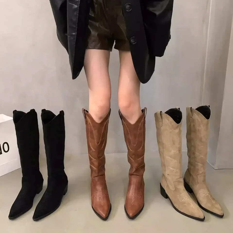 Žena Cowgirl Boots Fashion Slip na dámsky elegantný štvorcový nízky päta koleno vysoké topánky topánky Dámska zimná obuv