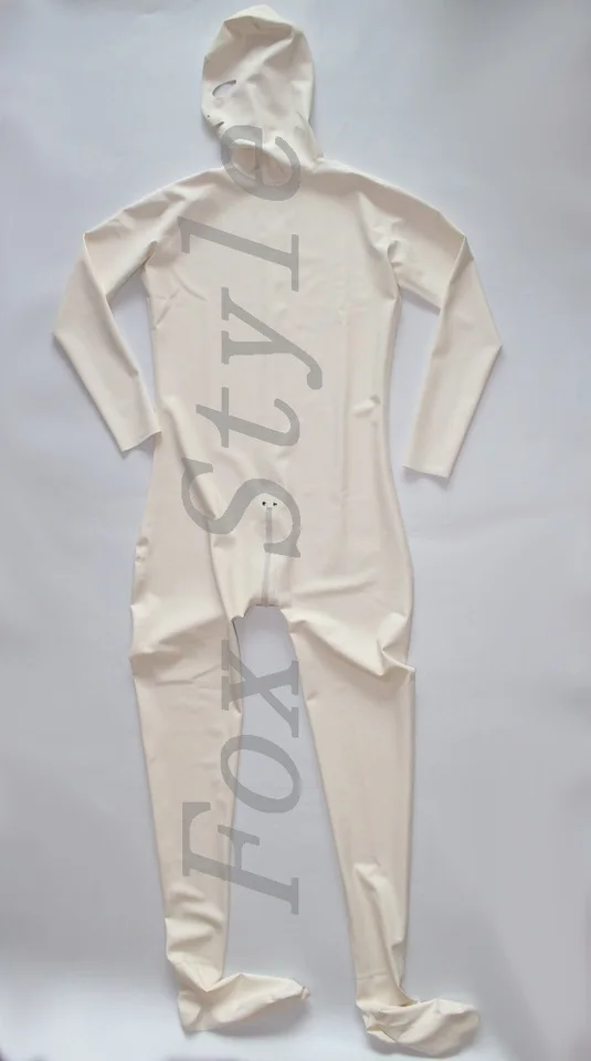 Žena Full Cover Latex Gumer Teddies Zentai Vysoko kvalitná biela mačka s kapucňou a nohami zadné zips v bielej farbe