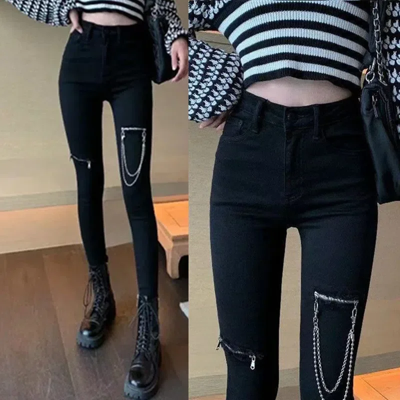 Žena gotická ceruzka nohavice čierny polmesiac zips s vysokým pásom plus dlhé nohavice Dlhé nohavice Dark Goth estetické vintage oblečenie