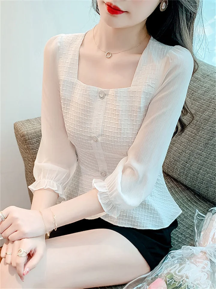 Žena jar jesenný štýl blúzky košele Lady Casual Tri Quartz Sleeve Square Gollar Blusas Tops DF4602