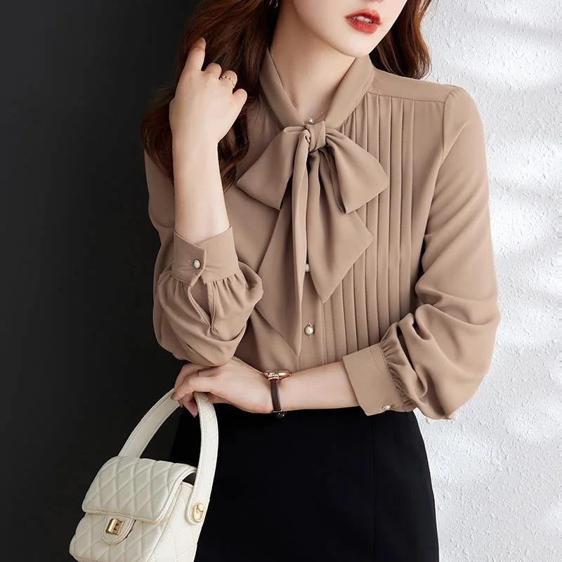 Žena jar jesenný štýl blúzky košele Lady Casy Long Ruckve Bow kravaty golier pevná farba Blusas Tops G2650