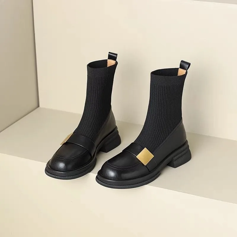 Žena Krátka ponožková topánka Round Toe Black členkové topánky pre ženy elegantné s strednými podpätkami topánok Dizajnér Luxusný pohodlný predaj