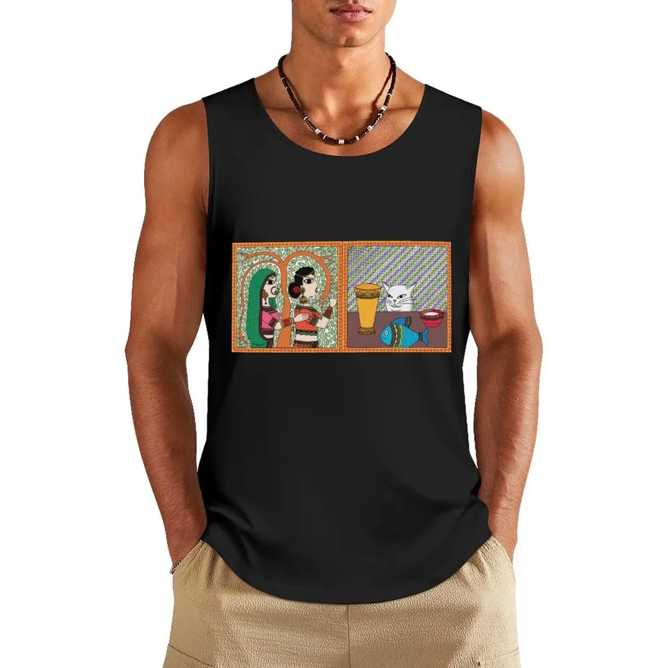 Žena, ktorá kričí na mačku meme madhubani (indické ľudové umenie) Tank Top kulturista T tričko telocvične oblečenie tričiek Kulturista