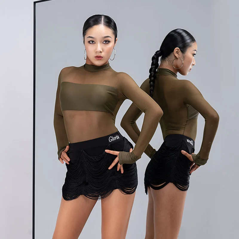 Žena latinský tanečný kostým pletivo s dlhým rukávom BodySuit Tassel sukňa Chacha súťaž outfit Rumba Samba Dancewear DL10229