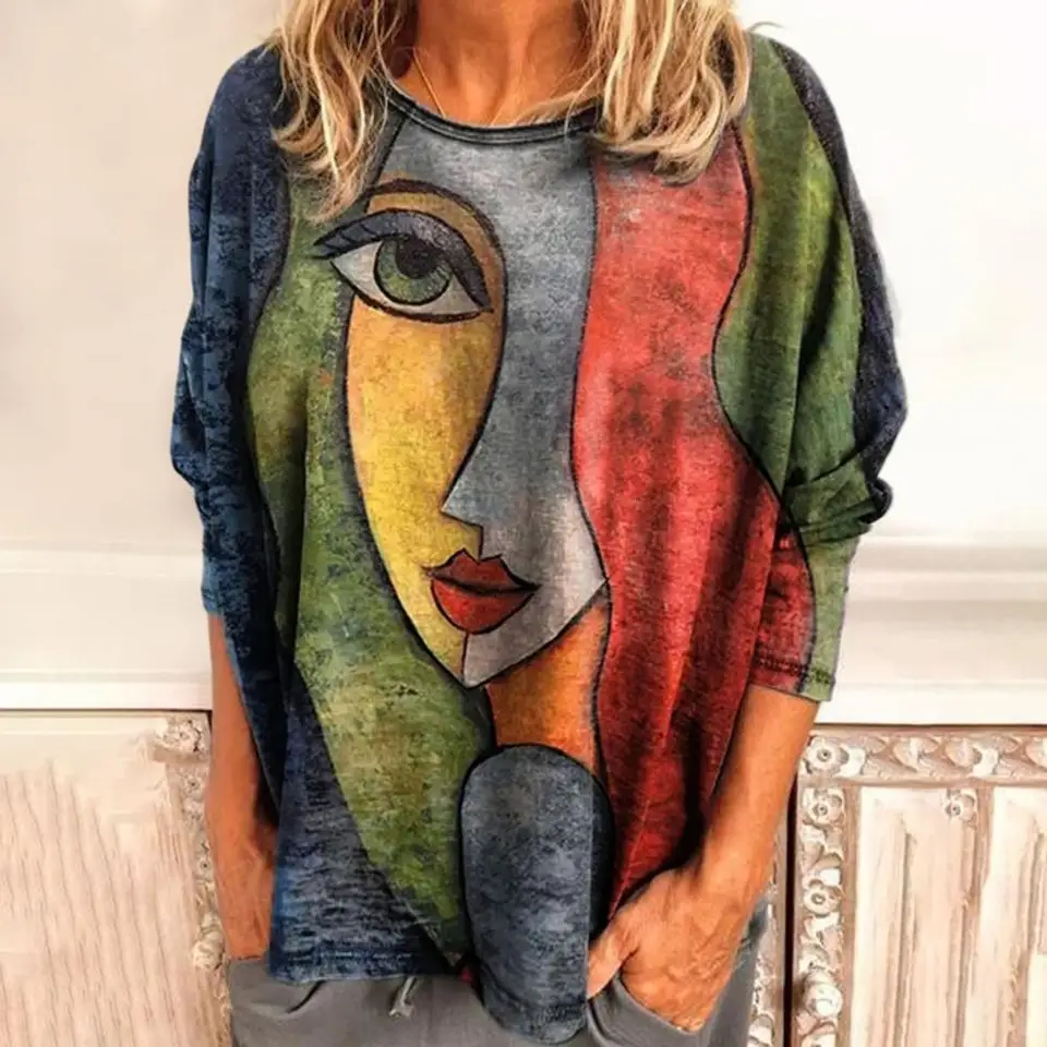 Žena O-krk teplé ženy blúzka Módna abstraktná výtlačok tváre plus veľkosti s dlhým rukávom blúzka Príležitostné pullover Top Lady oblečenie