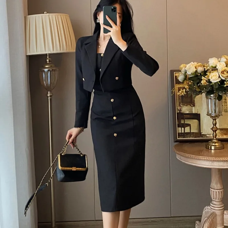 Žena Outfit Office Dress Suits Midi Black 2 kusy Sady pre dámske bunda Kórejský štýl propagácia letné oblečenie 2024 plná Kórea