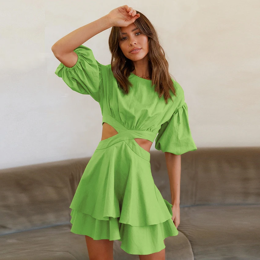 Žena sexy letné párty šaty bavlnené ľanové šaty Dámske dámske šaty Lace-up dutiny out šaty elegantné puzdro rukávy rukávy rukávy Vestidos