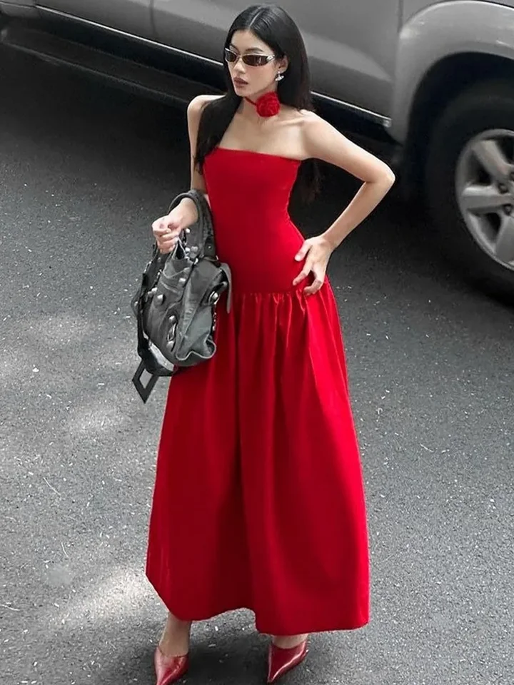 Žena sexy mimo rukávov bez rukávov bez rukávov letné večierky Noste elegantné ženské piknuté hem patchwork bezprsté solídne dlhé šaty