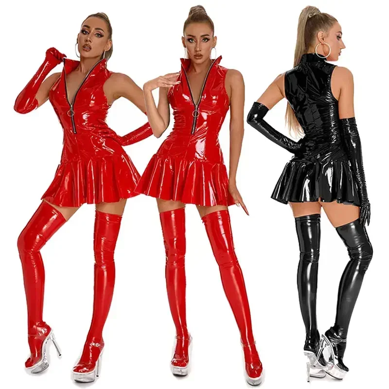 Žena červená lesklá kožená kožená dáždnička Erotický lesklý lesklý latex Bodycon zips mokrok mokrok plukované šaty pluse veľkosť sexi
