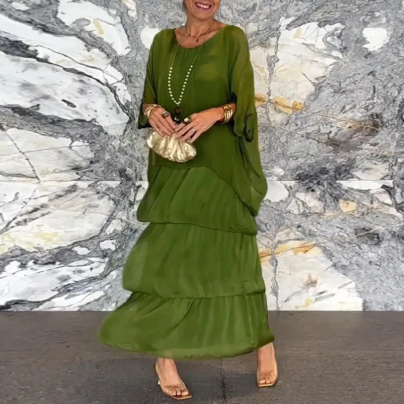Ženská elegantná pevná šifónová boho dlhá šaty 2024 jarný okrúhly krk dámske šaty na jeseň polovičná netopierka rukávová sukňa sukňa