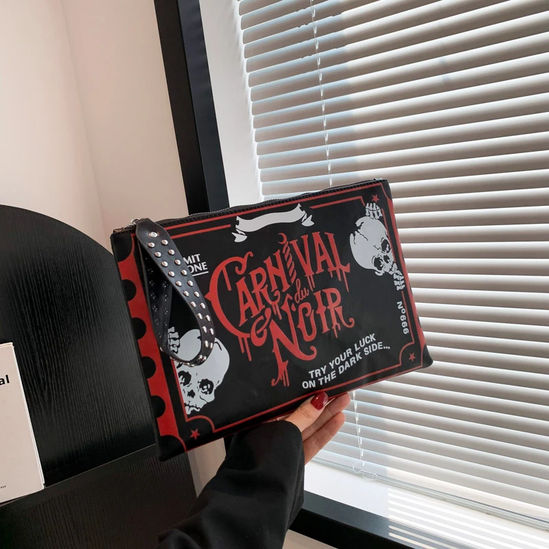 Ženská gotická cool tmavá spojka taška Pu kožená nitovaná dlhá zips punk obálka taška vintage ulicový štýl zápästie zápästia