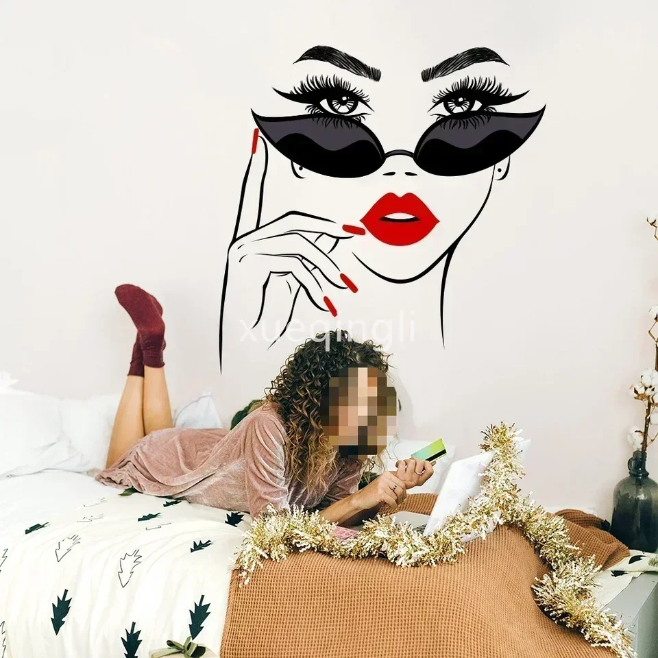 Ženská tvár krása vinylová stena Nákladové kozmetické kozmetické štúdio Stupeň dverí Kozmetický make -up stena Strepka Nálepka Nálepka Odnímateľná odnímateľná dekorácia salónu