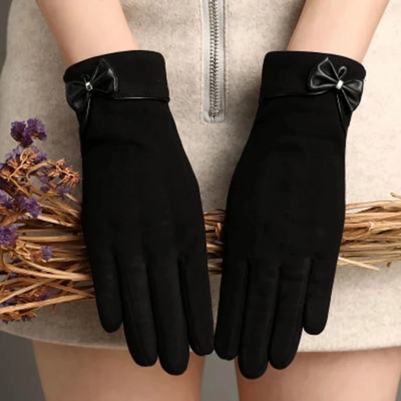 Ženská zimná kašmina plus zamatový plyšový plyšový cyklovanie Full Fring Warm Mittens Dámske PU kožené luk dotykové rukavice hnacie rukavice H80