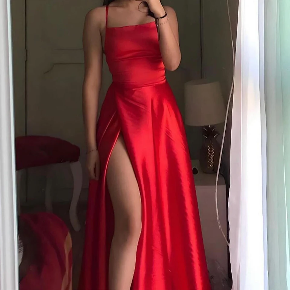 Ženské dlhé elegantné večerné šaty saténové šaty Homecoming Red Halter Roched Lace-up valentínske šaty Long 2025